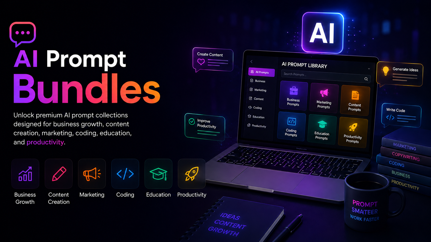 AI Prompt Bundles for business growth, content, marketing, coding, education, and productivity