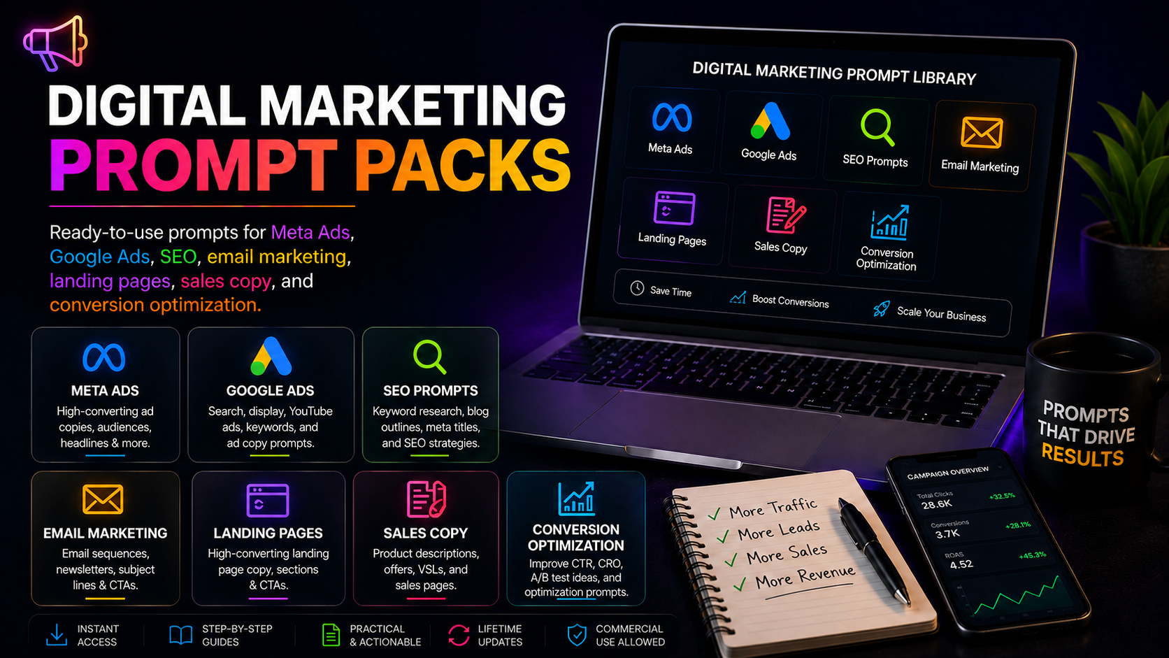 Digital Marketing Prompt Packs for Meta Ads, Google Ads, SEO, email marketing, landing pages, sales copy, and conversion optimization