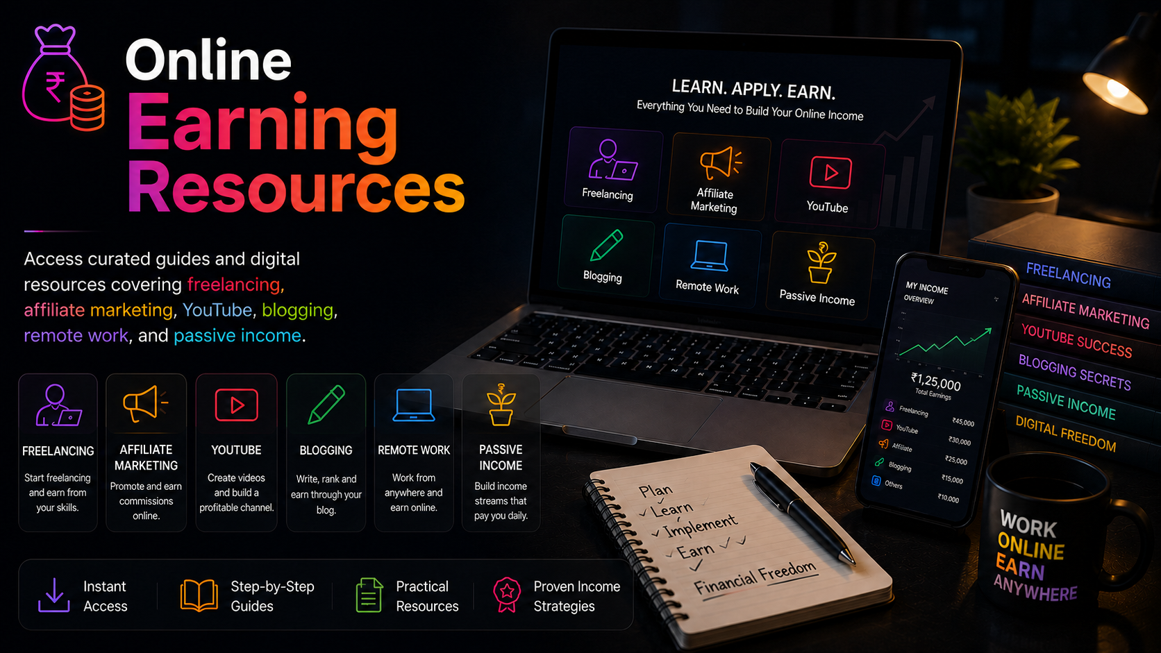 Online Earning Resources for freelancing, affiliate marketing, YouTube, blogging, remote work, and passive income